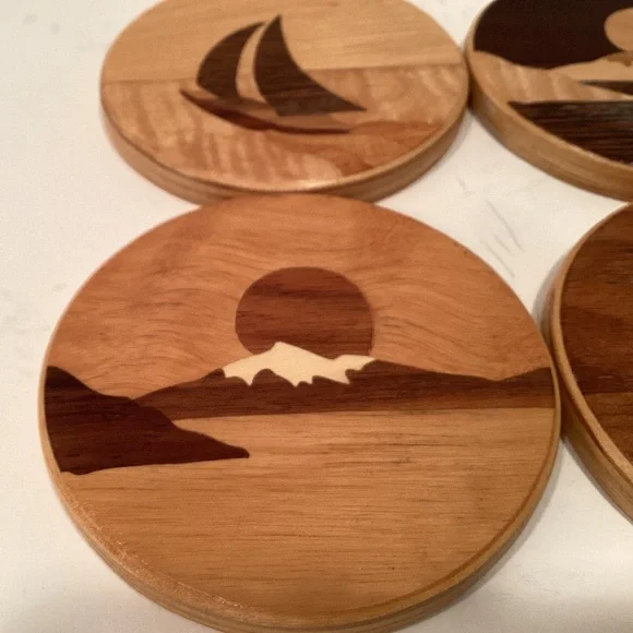 Wood Inlaid 4 Coasters Sailboat and Mountain Sunset - Picture 2 of 7